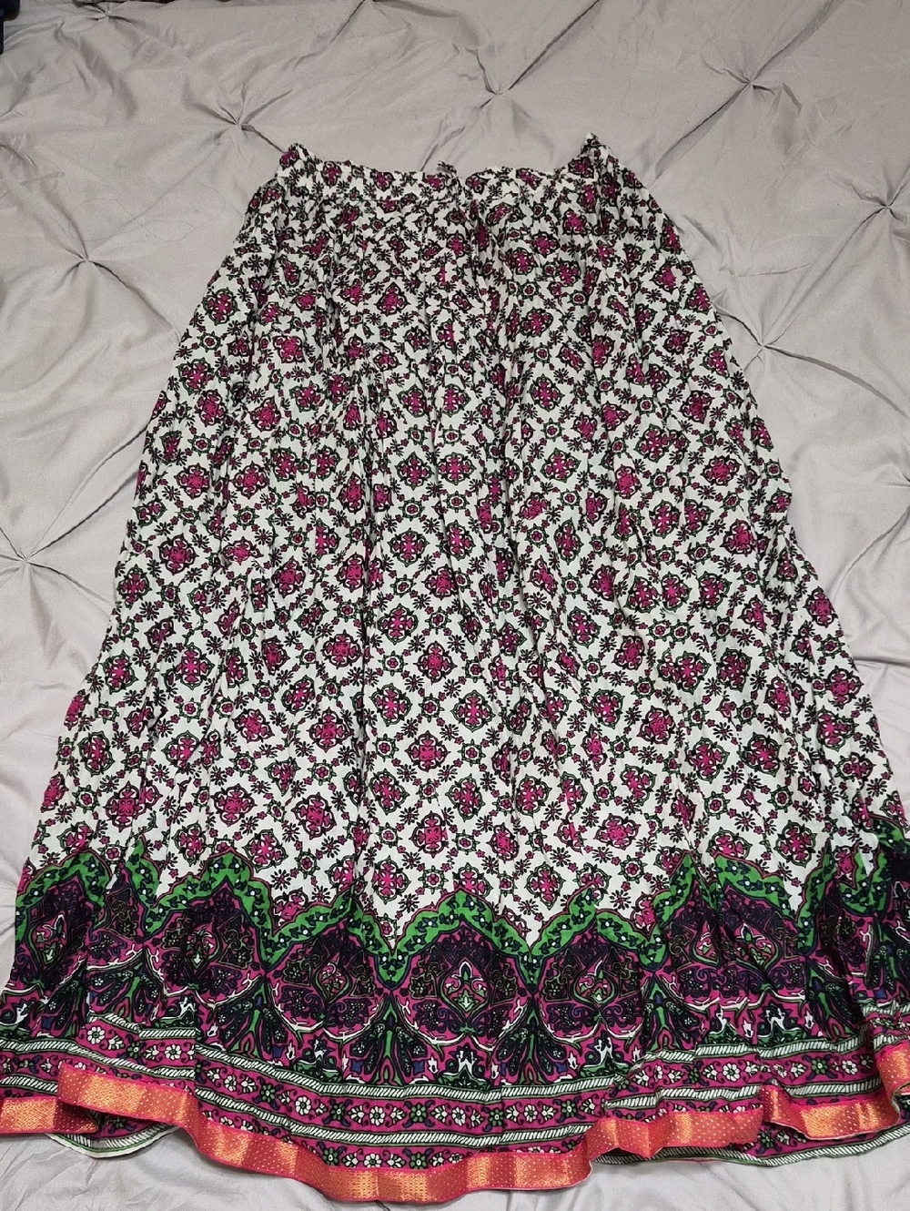 Bohemian Floral Lehengas Maxi Skirt - Pink & Green on White
